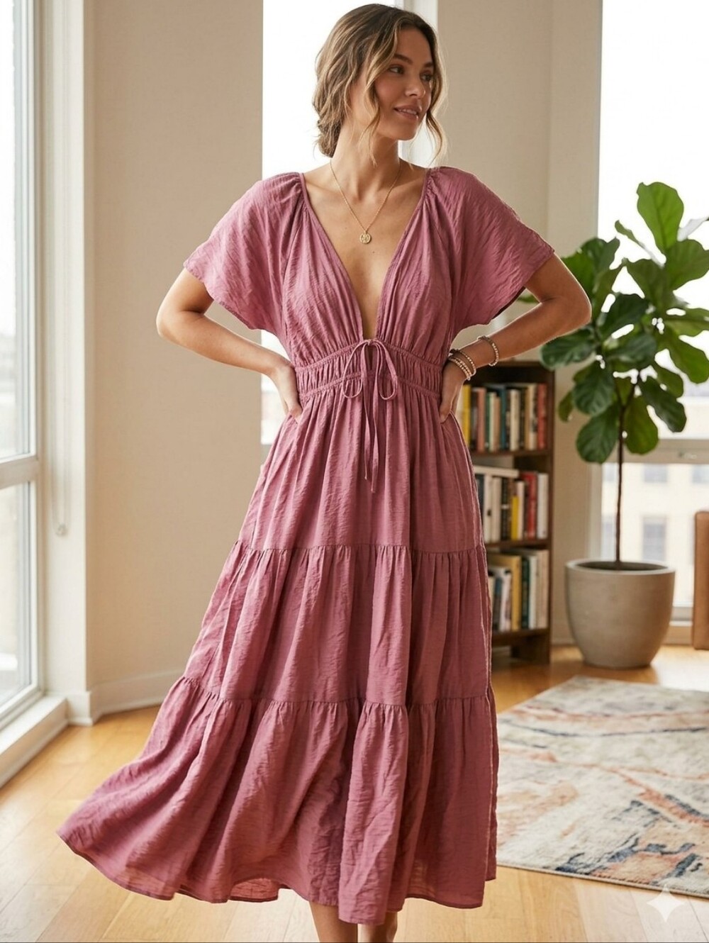 Tie-Front Dusty Rose Maxi Dress with Flutter Sleeves